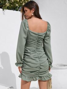 SHEIN Frenchy Vestido de manga con volante con cremallera trasera fruncido bajo con fruncido - verde menta - Ver 5