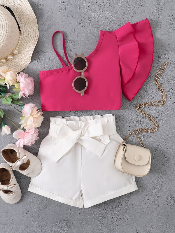 SHEIN Young Girl 2pcs/Set Casual One Shoulder Bell Sleeve Top & Bowknot Paper Bag Elastic Waist Shorts For Summer