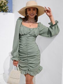 SHEIN Frenchy Vestido de manga con volante con cremallera trasera fruncido bajo con fruncido - verde menta - Ver 3