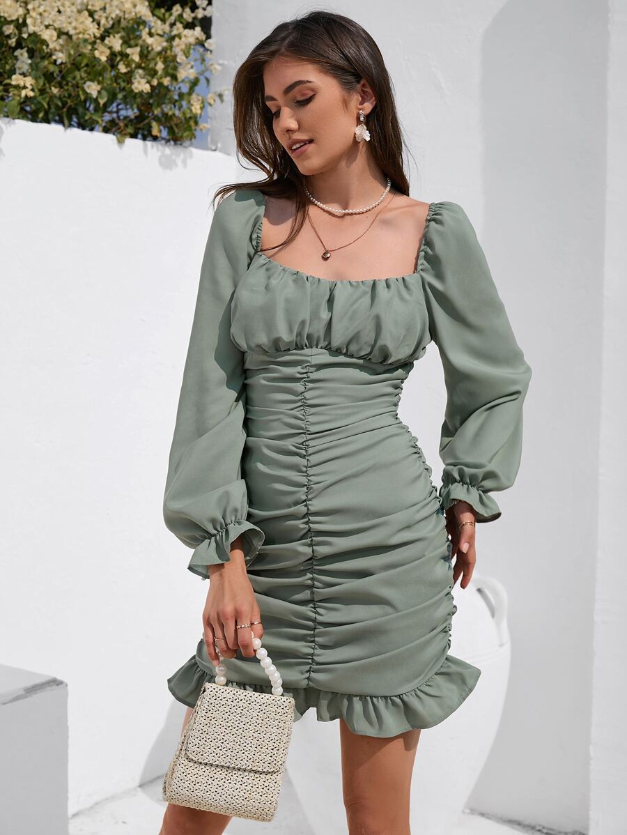 SHEIN Frenchy Vestido de manga con volante con cremallera trasera fruncido bajo con fruncido - verde menta - Ver 1