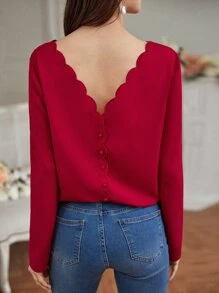 SHEIN Frenchy Scallop Trim Button Back Blouse - Red - View 1