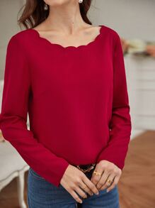 SHEIN Frenchy Scallop Trim Button Back Blouse - Red - View 2