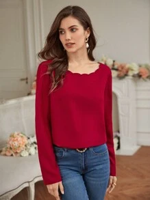 SHEIN Frenchy Scallop Trim Button Back Blouse - Red - View 4