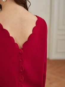 SHEIN Frenchy Scallop Trim Button Back Blouse - Red - View 5