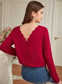 SHEIN Frenchy Scallop Trim Button Back Blouse - Red - View 6