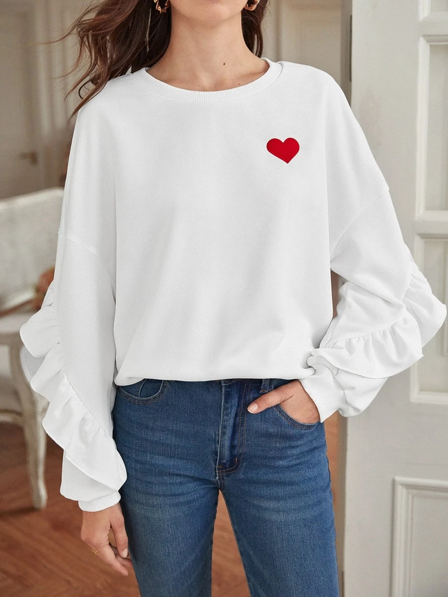 SHEIN Frenchy Heart Patched Drop Shoulder Sweatshirt - White - View 1