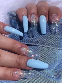 Upgrade Your Look with 24pcs Long Coffin Blue Solid Glitter Butterfly Pattern Fake Nail & 1sheet Tape & 1pc Nail File - Multicolor - View 1