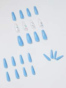 Upgrade Your Look with 24pcs Long Coffin Blue Solid Glitter Butterfly Pattern Fake Nail & 1sheet Tape & 1pc Nail File - Multicolor - View 2