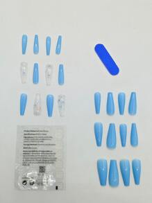 Upgrade Your Look with 24pcs Long Coffin Blue Solid Glitter Butterfly Pattern Fake Nail & 1sheet Tape & 1pc Nail File - Multicolor - View 3