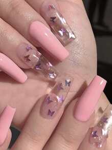 24 片长棺材粉色纯色蝴蝶图案假指甲、1 片胶带和 1 个指甲锉，打造迷人美甲，美甲用品 - 彩色 - 查看 1