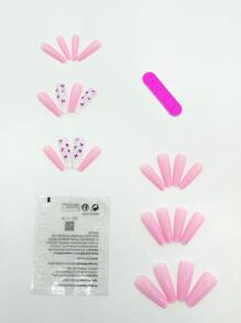 24 片长棺材粉色纯色蝴蝶图案假指甲、1 片胶带和 1 个指甲锉，打造迷人美甲，美甲用品 - 彩色 - 查看 2
