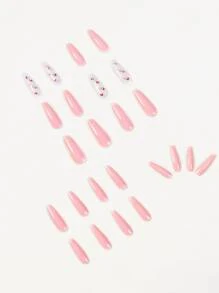 24 片长棺材粉色纯色蝴蝶图案假指甲、1 片胶带和 1 个指甲锉，打造迷人美甲，美甲用品 - 彩色 - 查看 3