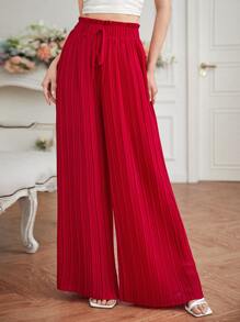 SHEIN Frenchy 腰部打結百褶闊腿褲 - 紅色 - 查看 1