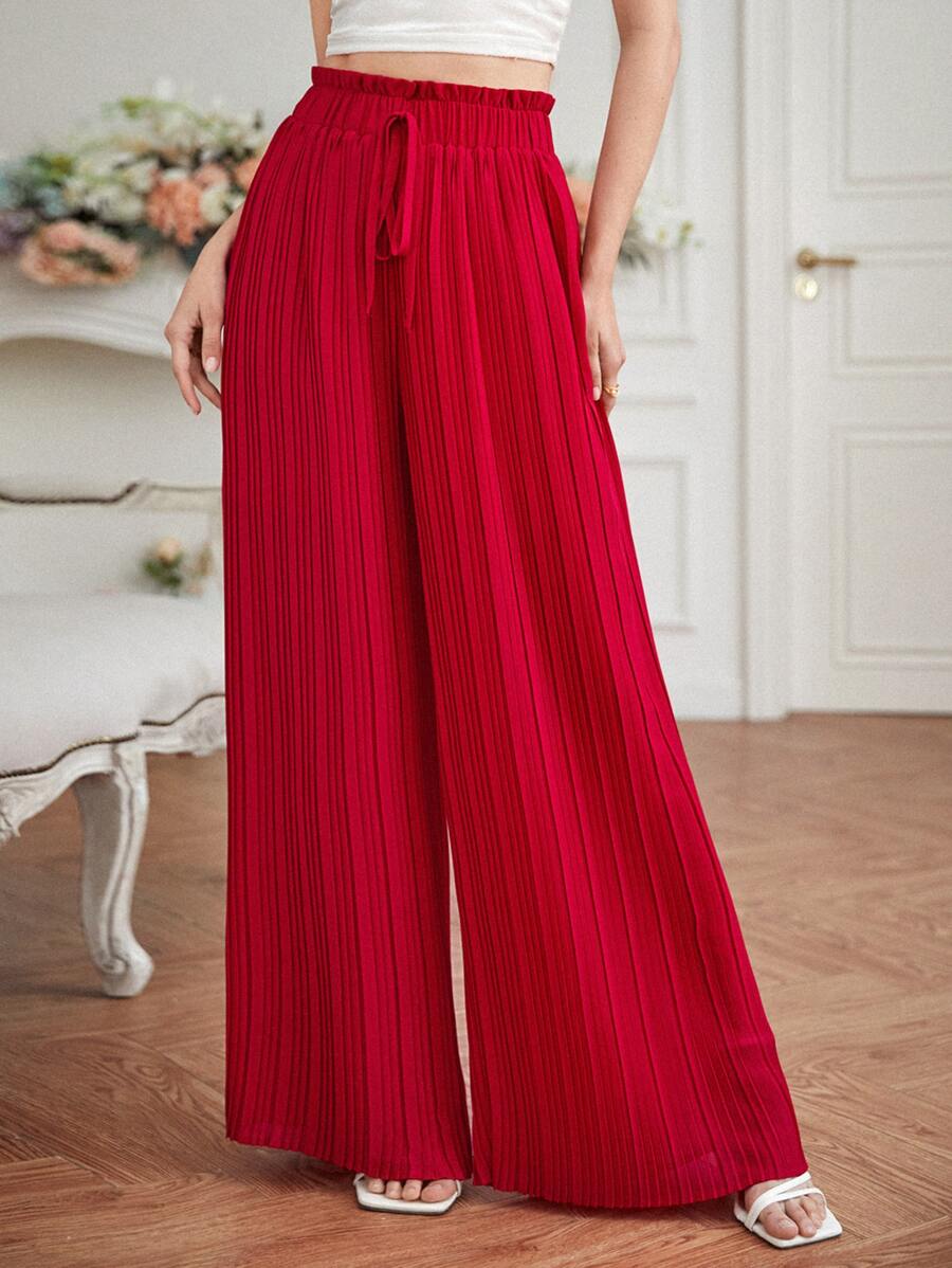 SHEIN Frenchy 腰部打結百褶闊腿褲 - 紅色 - 查看 1