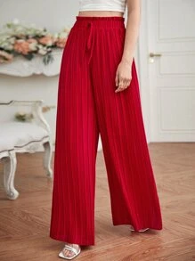 SHEIN Frenchy 腰部打結百褶闊腿褲 - 紅色 - 查看 2