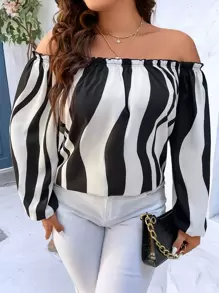 SHEIN Clasi Plus Colourblock Off Shoulder Lantern Sleeve Blouse - Black and White - View 1