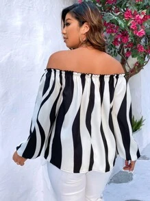 SHEIN Clasi Plus Colourblock Off Shoulder Lantern Sleeve Blouse - Black and White - View 2