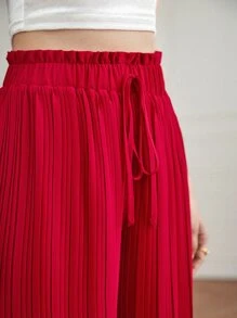 SHEIN Frenchy 腰部打結百褶闊腿褲 - 紅色 - 查看 4