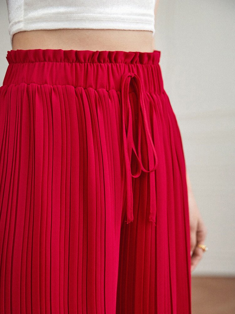SHEIN Frenchy 腰部打結百褶闊腿褲 - 紅色 - 查看 4
