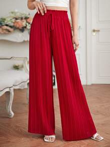 SHEIN Frenchy 腰部打結百褶闊腿褲 - 紅色 - 查看 5