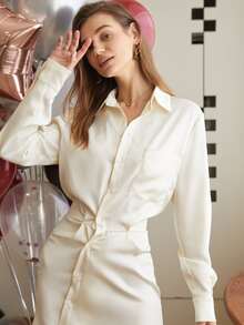 落肩袖腰帶襯衫連衣裙 - 米色 - 查看 4