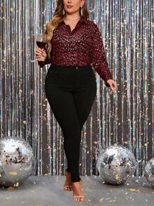 SHEIN LUNE Plus Sequin Allover Print Shirt Without Bra - Burgundy - View 1