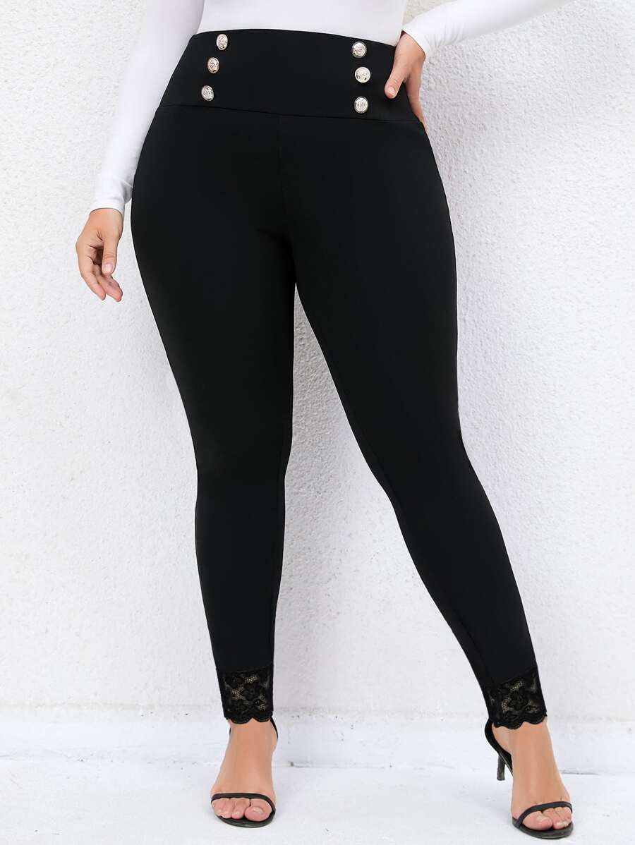 SHEIN LUNE Plus High Waist Button Detail Skinny Trousers - Black - View 1