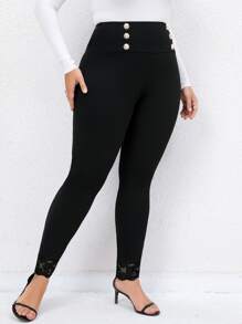 SHEIN LUNE Plus High Waist Button Detail Skinny Trousers - Black - View 4