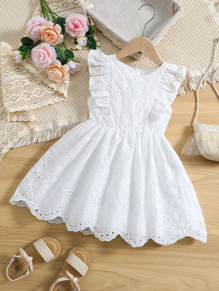 SHEIN Vintaside Kids Vestido blanco de unicolor con cuello redondo y mangas con volantes para niña, ideal para verano, vacaciones y viajes - Blanco - Ver 1