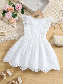 SHEIN Vintaside Kids Vestido blanco de unicolor con cuello redondo y mangas con volantes para niña, ideal para verano, vacaciones y viajes - Blanco - Ver 2