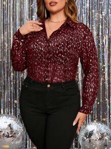 SHEIN LUNE Plus Sequin Allover Print Shirt Without Bra - Burgundy - View 4