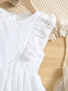 SHEIN Vintaside Kids Vestido blanco de unicolor con cuello redondo y mangas con volantes para niña, ideal para verano, vacaciones y viajes - Blanco - Ver 3