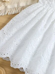 SHEIN Vintaside Kids Vestido blanco de unicolor con cuello redondo y mangas con volantes para niña, ideal para verano, vacaciones y viajes - Blanco - Ver 4