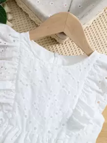 SHEIN Vintaside Kids Vestido blanco de unicolor con cuello redondo y mangas con volantes para niña, ideal para verano, vacaciones y viajes - Blanco - Ver 5