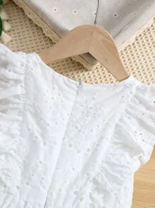 SHEIN Vintaside Kids Vestido blanco de unicolor con cuello redondo y mangas con volantes para niña, ideal para verano, vacaciones y viajes - Blanco - Ver 6