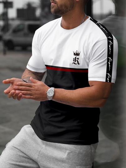 Manfinity Homme T-shirts pour homme ajustés Col rond à manches courtes Tee graphique Top tricoté décontracté d'été