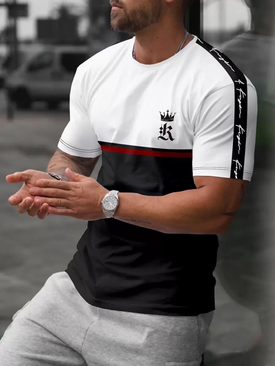Manfinity Homme Men Crown & Letter Graphic Colourblock Tee - Black and White - View 1