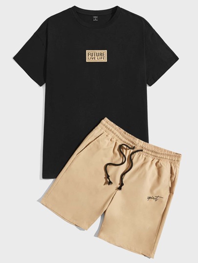 Hombres con estampado de letra Camiseta & de cintura con cordón Shorts