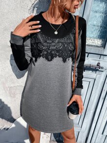 SHEIN LUNE Two Tone Contrast Lace Sweatshirt Dress - Multicolor - View 3