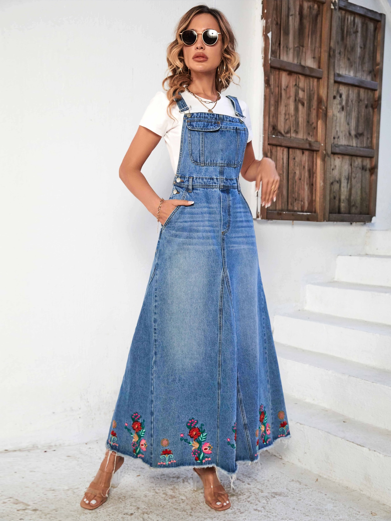 Floral Embroidery Flap Pocket Denim Dress Without Tee SHEIN USA