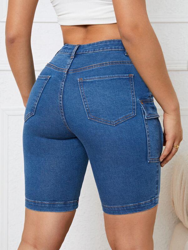 SHEIN Essnce Flap Pocket Denim Shorts SHEIN USA