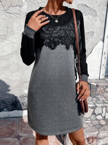 SHEIN LUNE Two Tone Contrast Lace Sweatshirt Dress - Multicolor - View 5