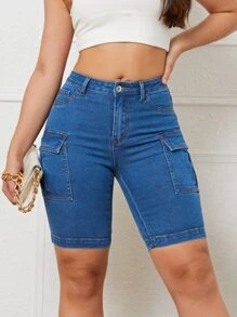 SHEIN Essnce 翻蓋口袋牛仔短褲 - 深色水洗藍 - 查看 3