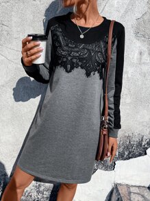 SHEIN LUNE Two Tone Contrast Lace Sweatshirt Dress - Multicolor - View 6