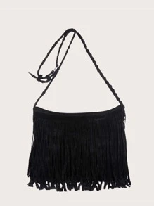 流蘇裝飾斜挎包 - 黑色 - 查看 1