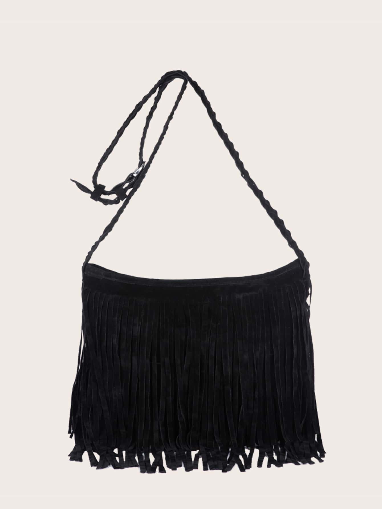 流蘇裝飾斜挎包 - 黑色 - 查看 1