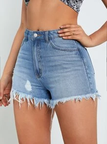 Ripped Raw Hem Denim Shorts - Light Wash - View 1