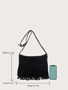 流蘇裝飾斜挎包 - 黑色 - 查看 3