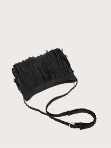 流蘇裝飾斜挎包 - 黑色 - 查看 4