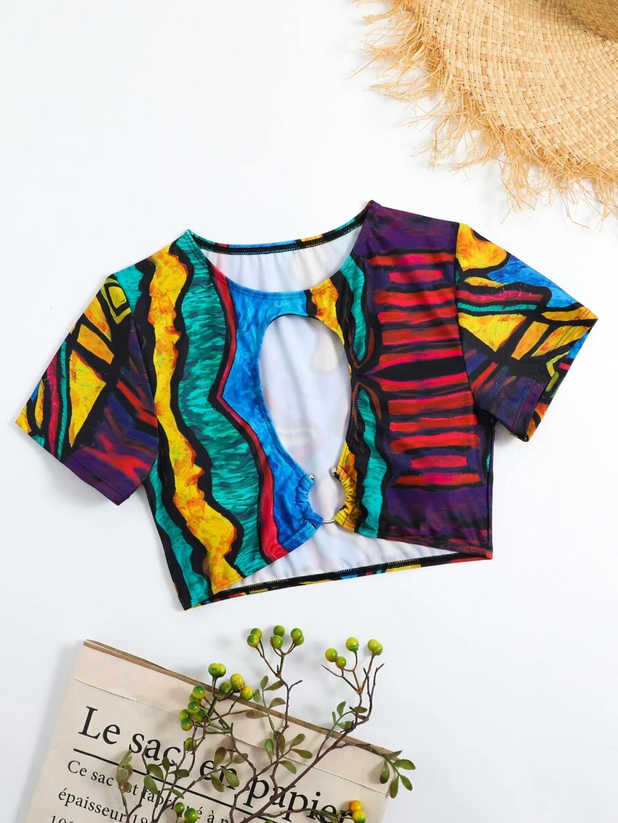 Summer Allover Print Ring Linked Bikini Top - Multicolor - View 1